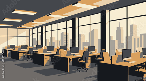 Modern open plan corporate office interior with rows of desks, computer monitors and large glass windows overlooking city skyline, concept for business workspace solution and professional environment