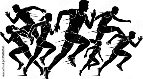 group of dynamic silhouettes of diverse male and female athletes sprinting forward, concept for competitive sports motivation and healthy lifestyle promotion