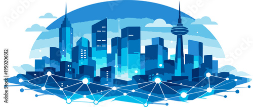 city skyline in blue