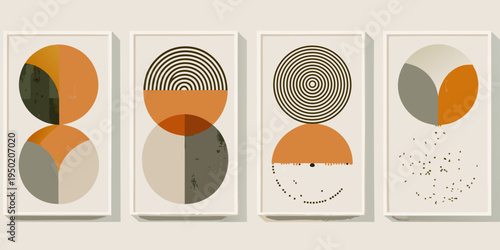 Four abstract geometric art prints with overlapping circular shapes