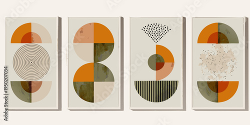 Abstract geometric art featuring overlapping shapes and earthy color palettes