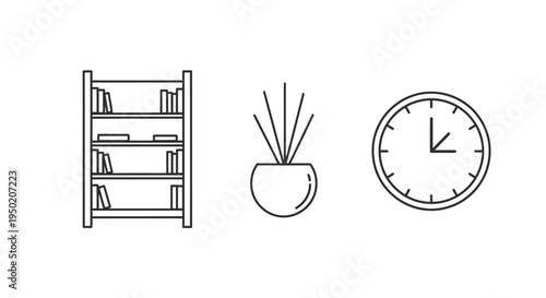 Bookshelf, plant and clock icons