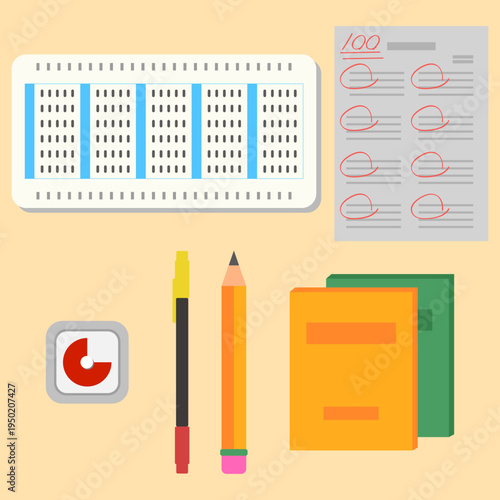 수능 및 시험 준비물 아이콘 세트 (OMR 카드, 100점 시험지, 컴퓨터용 사인펜, 필기구 일러스트)