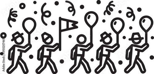 Set of 5 people running with balloons and confetti vector illustration