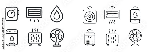 Home climate icons with thermostat heater fan outline