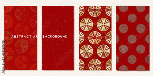 Four vertical panels displaying repeating abstract circular patterns in red tones