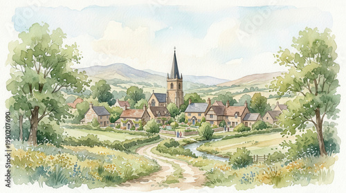 Serene Village Scene with Church and Rolling Hills in Watercolor Style