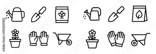 Gardening icons with watering can trowel pot outline