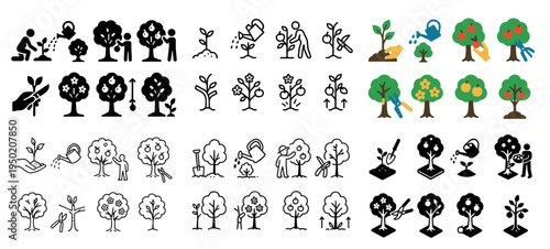 Gardening icons with tree and seedling flat