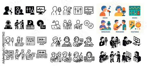 Music icons with microphone headphones mixing outline