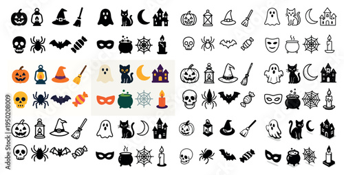 Halloween icons with pumpkin ghost cat playful outline