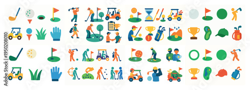 Golf icons with golfer flag club colorful minimal