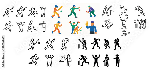 Sports icons with batter bowler wicket flat