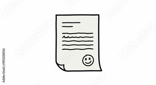 A simple line drawing of a curled document with a smiley face on a plain white background.