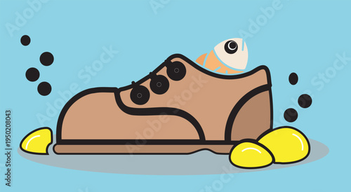 Fish skeleton resting inside lost shoe on seabed with bubbles and stones illustrating water pollution problem