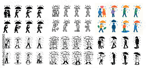 Weather icons with umbrella people outline style