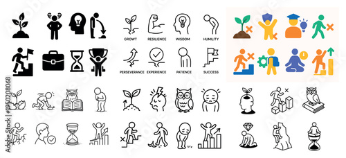 Education icons with owl plant trophy outline simple