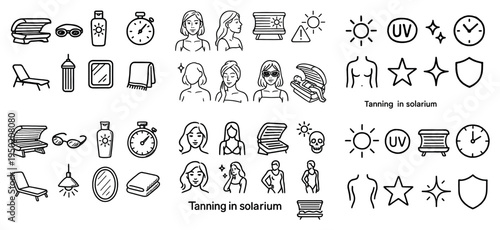 Beauty icons with sunbed bottle clock outline