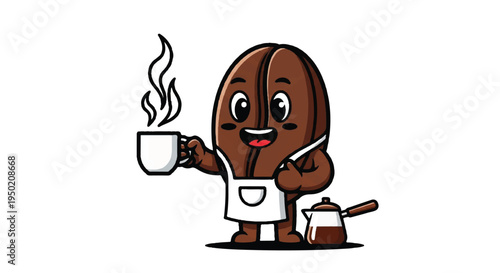 Cartoon coffee bean character holding cup and kettle illustration
