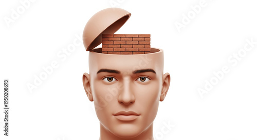 Psychology concept of mental block: 3D illustration of a brick wall inside a human head symbolizing cognitive barriers, stubbornness and psychological resistance.