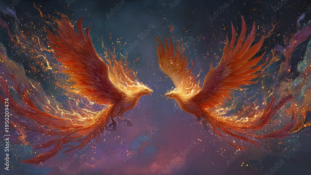 Fototapeta premium Two majestic phoenixes with fiery wings in a mystical sky