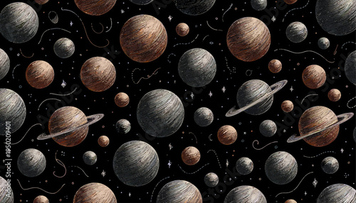 abstract brush art planets seamless vector background in a hand drawn format