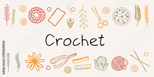 A colorful illustration depicting crochet tools and related floral motifs