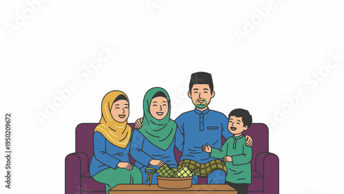 Muslim family sitting on sofa with ketupat for Eid celebration