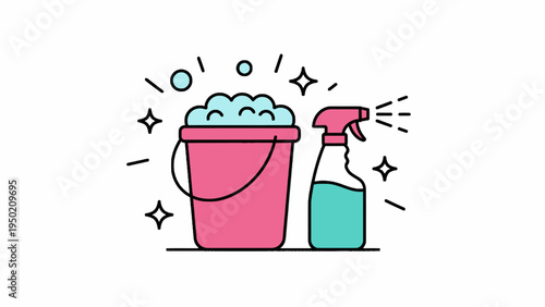 Cleaning bucket and spray bottle illustration on white background