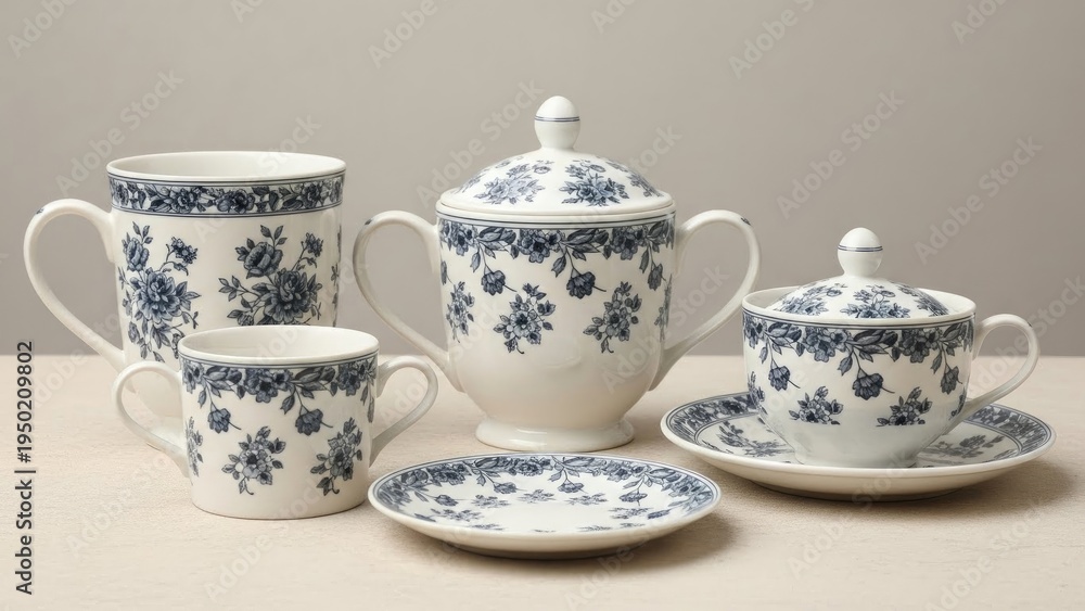 Fototapeta premium Elegant porcelain tea set with blue floral pattern against a beige backdrop