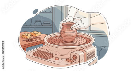 Hands shaping clay on a pottery wheel creating a vase.