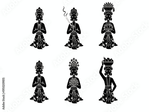 Balinese Woman Silhouette Icons Performing Traditional Ceremony
