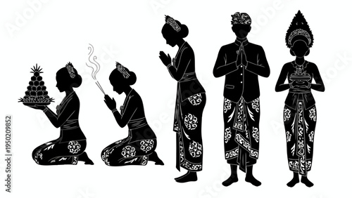 Balinese People Silhouette Set Performing Hindu Ritual Ceremony