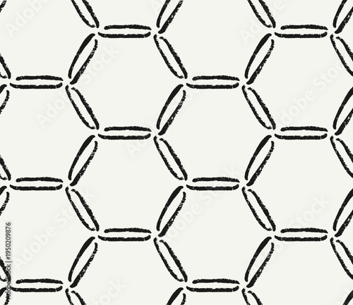 Hand drawn monochrome black and white seamless pattern with chalky texture hexagon honeycombs. Organic geometric design with artisanal brush painted lines