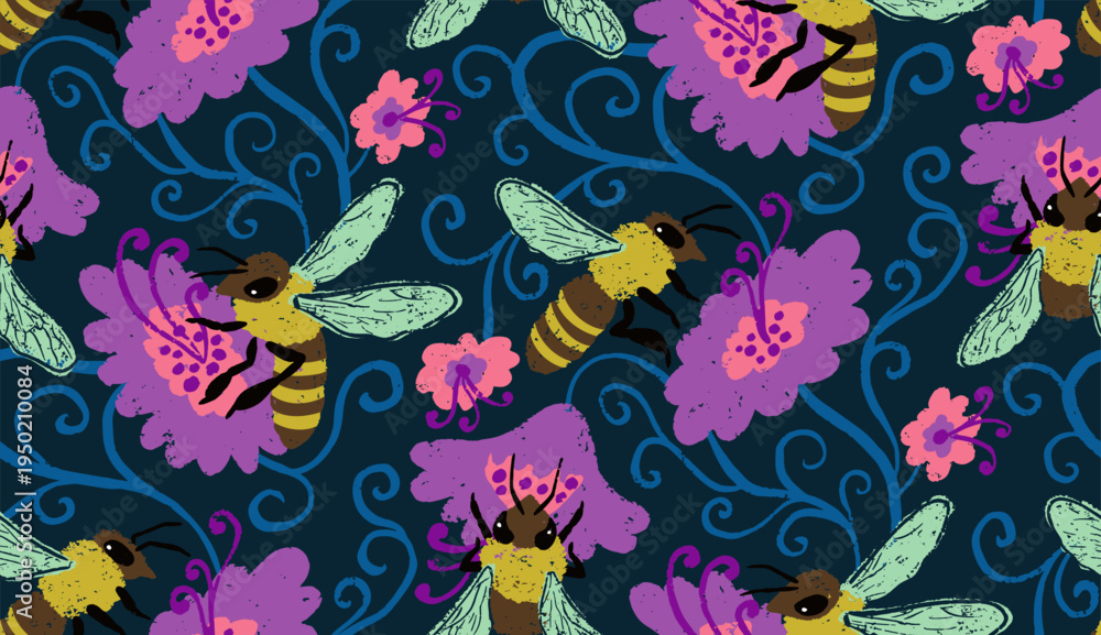 Fototapeta premium Hand drawn seamless pattern with chalky texture bees and vibrant flowers. Organic botanical design with detailed honeybees and floral elements