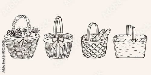 Hand drawn illustration of four vintage wicker baskets with various contents