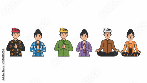 Balinese People in Traditional Attire Greeting and Meditating