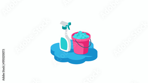 Cleaning spray bottle and soapy bucket isometric illustration