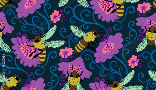 Hand drawn seamless pattern with chalky texture bees and vibrant flowers. Organic botanical design with detailed honeybees and floral elements