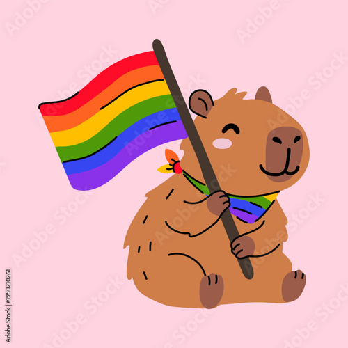 Cute Pride Capybara With Rainbow Flag