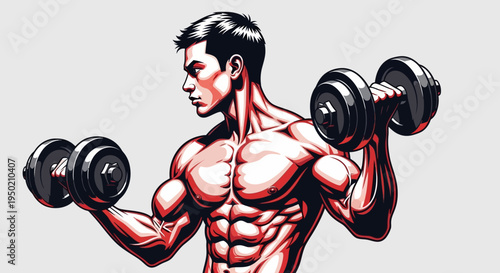 Comic-style illustration of a muscular man lifting dumbbells with bold red outlines and shading against a plain gray background.