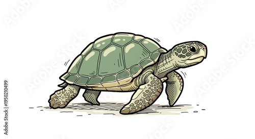 Illustration of a green sea turtle walking on a white background.