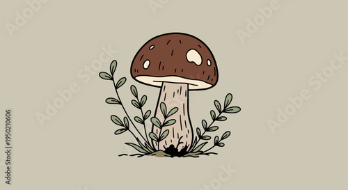 Illustration of a single brown mushroom growing amongst small green plants.