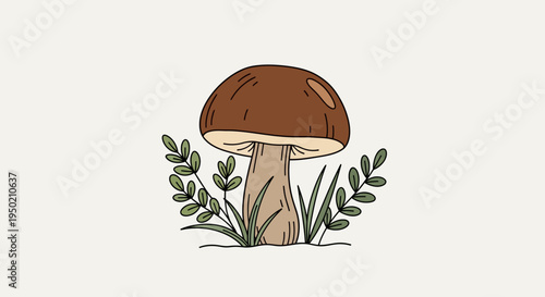 Illustration of a single brown mushroom with green leaves.