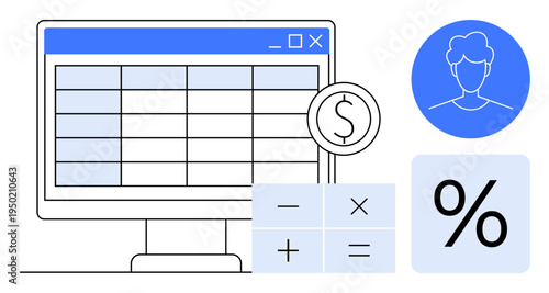 Financial analytics, business accounting, budgeting, expense tracking, data processing, taxation. Desktop display with spreadsheet, profile icon and calculation symbols. Financial analytics