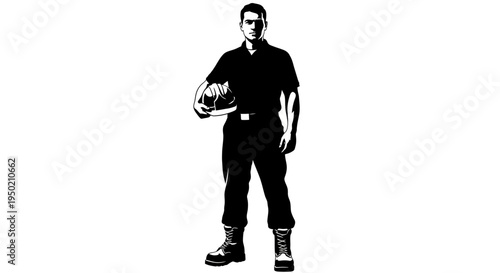 Illustration of a standing construction worker holding a hard hat in a professional uniform.
