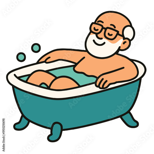 Elderly man relaxing in bathtub, smiling, enjoying warm water, cartoon style, self care