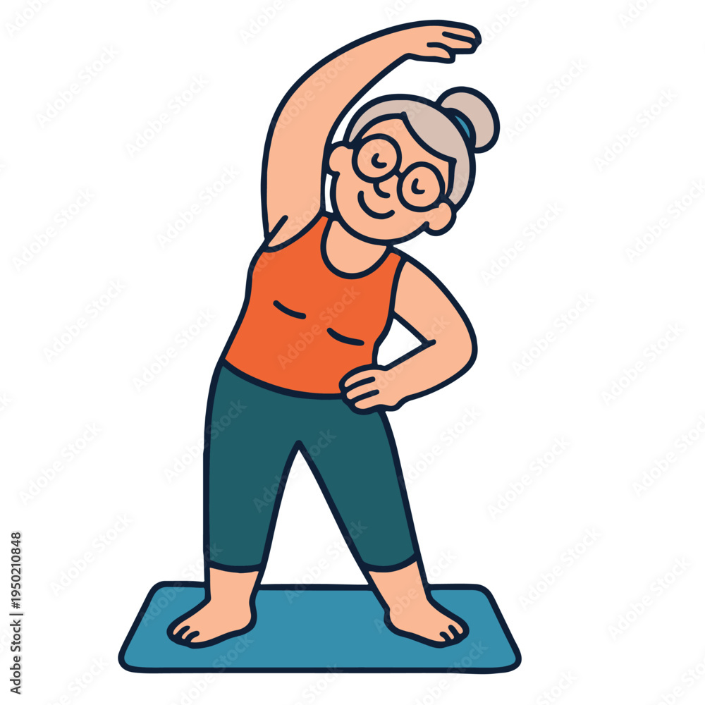 Obraz premium Senior woman stretching exercise mat, smiling, active lifestyle, healthy, fitness, cartoon style