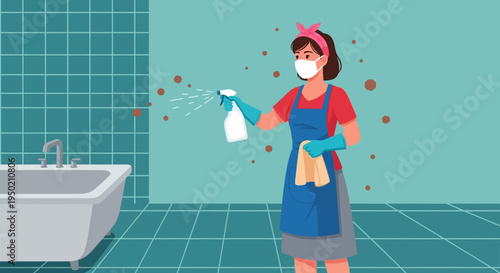 Cartoon woman wearing a face mask spraying disinfectant in a bathroom with green tiles and a bathtub.