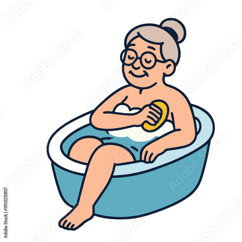 Elderly woman bathtub bathing sponge relaxation happy hygiene cartoon